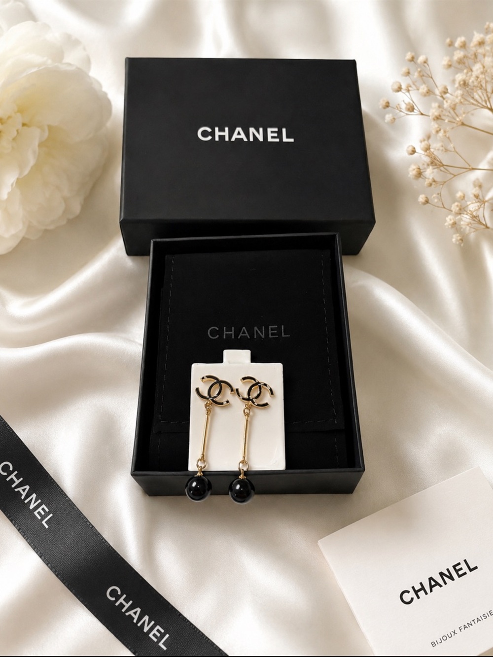 Designer Inspired Gold and Black CC Drop Earrings with Bead